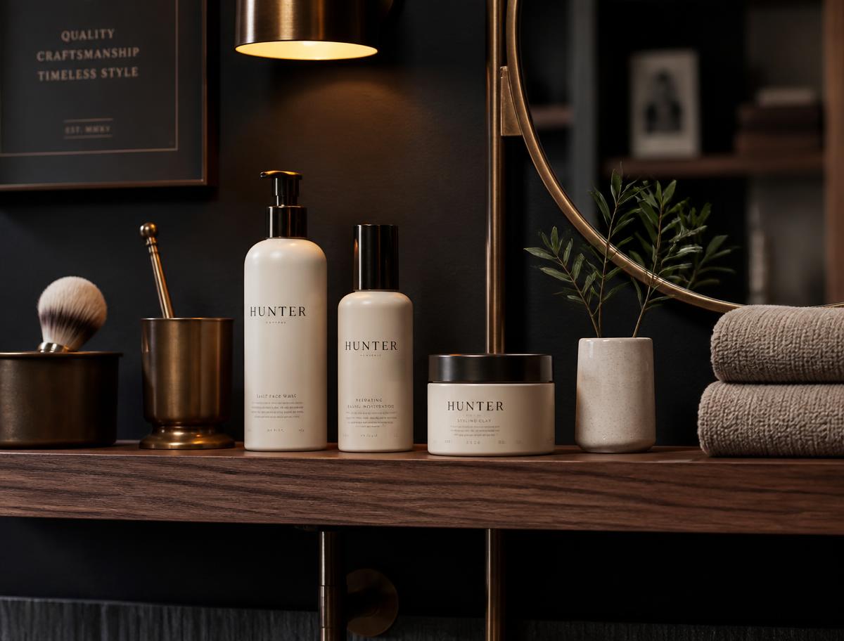 Prateleira em madeira com produtos de cuidado masculino na VANTA